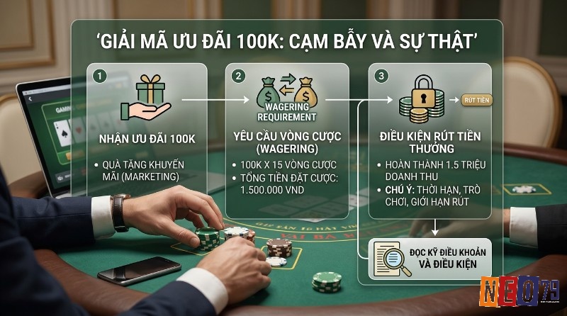 Giải mã ưu đãi 100K, cạm bẫy và sự thật, về yêu cầu vòng cược 15x (1.5 triệu VND) và điều kiện rút tiền thưởng, nhấn mạnh việc đọc kỹ điều khoản