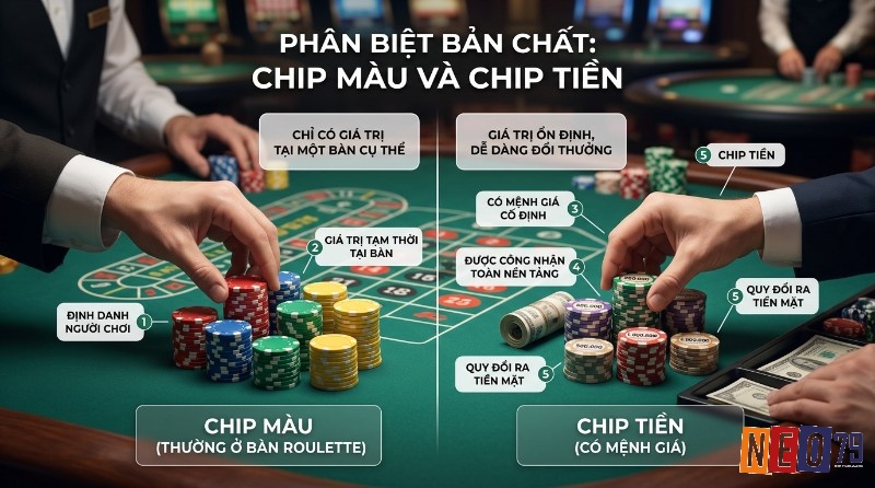 Phân biệt chip màu và chip tiền: chip màu định danh người chơi, giá trị tạm thời tại bàn Roulette; chip tiền có mệnh giá cố định, quy đổi tiền mặt