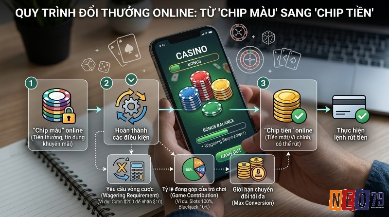 Quy trình, đổi chip màu sang chip tiền thưởng, online: hoàn thành yêu cầu vòng cược, tỷ lệ đóng góp trò chơi, giới hạn chuyển đổi để rút tiền mặt