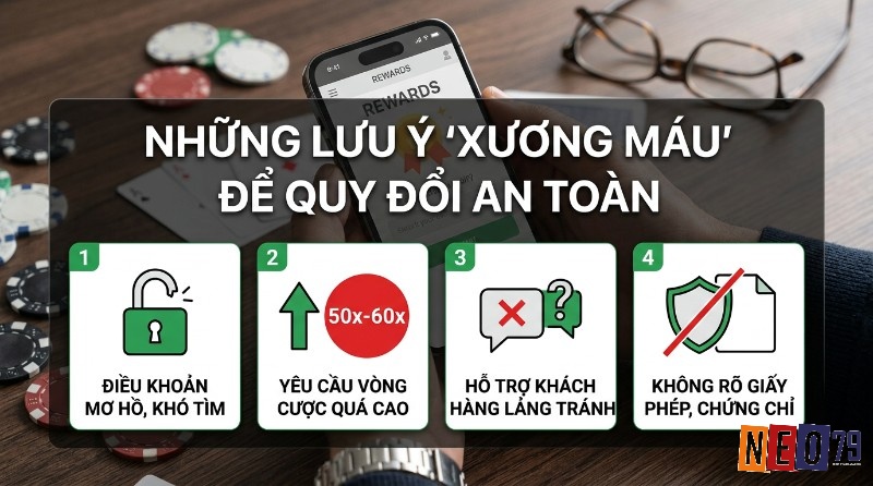 Lưu ý, đổi chip màu sang chip tiền: điều khoản mơ hồ, yêu cầu vòng cược 50x-60x quá cao, hỗ trợ khách hàng lảng tránh, thiếu giấy phép chứng chỉ
