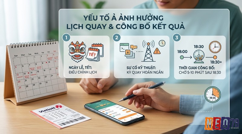 Yếu tố ảnh hưởng lịch quay Vietlott và công bố kết quả Vietlott: ngày lễ Tết điều chỉnh lịch, sự cố kỹ thuật hoãn ngắn, kết quả công bố sau 18:30