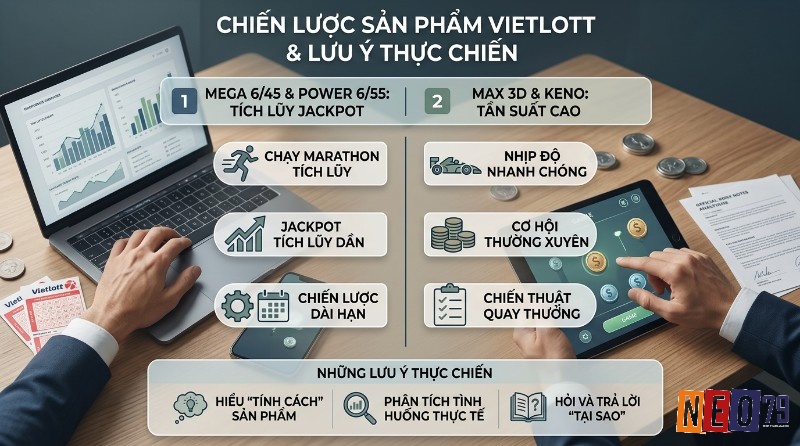 Phân tích chiến lược sản phẩm Vietlott: Mega 6/45, Power 6/55 tích lũy jackpot; Max 3D, Keno tần suất cao; và lưu ý thực chiến