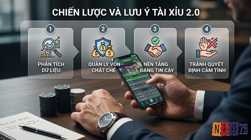 Chiến lược tài xỉu 2.0 là gì gồm phân tích dữ liệu, quản lý vốn chặt chẽ, nền tảng đáng tin cậy và tránh quyết định cảm tính, với người dùng điện thoại và chip