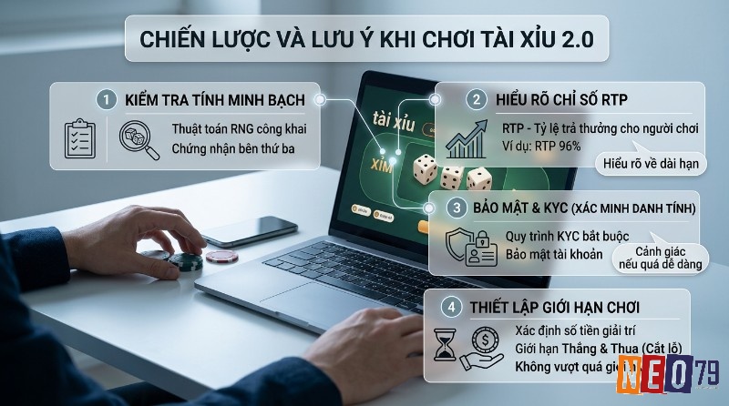 Chiến lược và lưu ý chơi tài xỉu 2.0 là gì: kiểm tra minh bạch, hiểu RTP, bảo mật KYC, thiết lập giới hạn, người chơi trên laptop